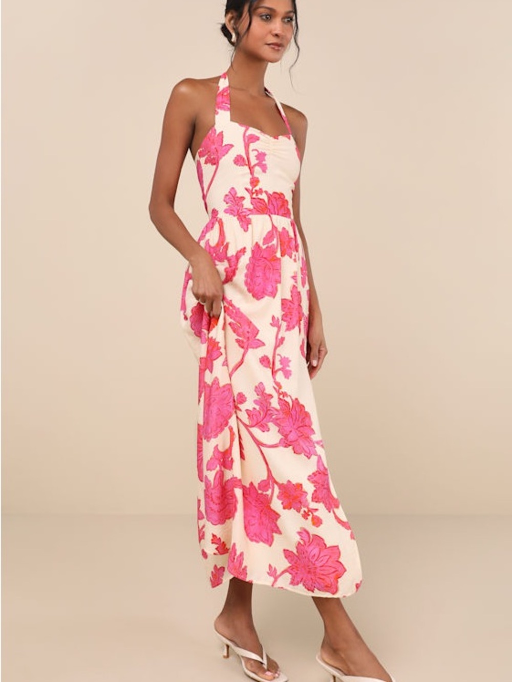 Lulu's Pink Floral Halter Maxi Dress on Cream